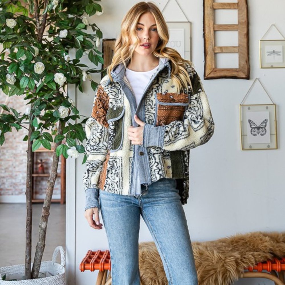 Oli & Hali Cream Combo Bandana Print Hooded Cropped Relaxed Sherpa Jacket